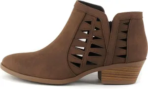 SODA Women's Perforated Cut Out Stacked Block Heel Ankle Booties (10 M US, Light Brown Dist)