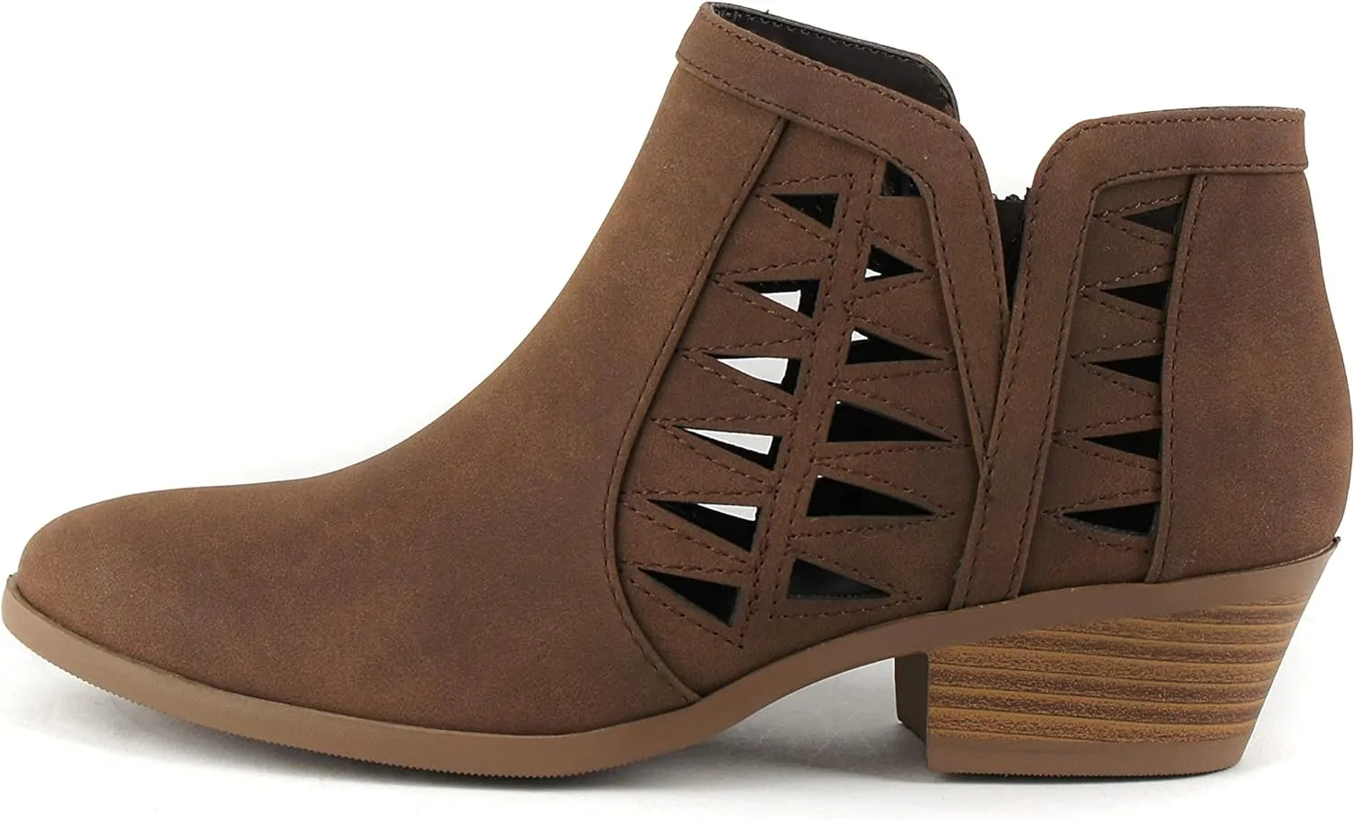 SODA Women's Perforated Cut Out Stacked Block Heel Ankle Booties (10 M US, Light Brown Dist)