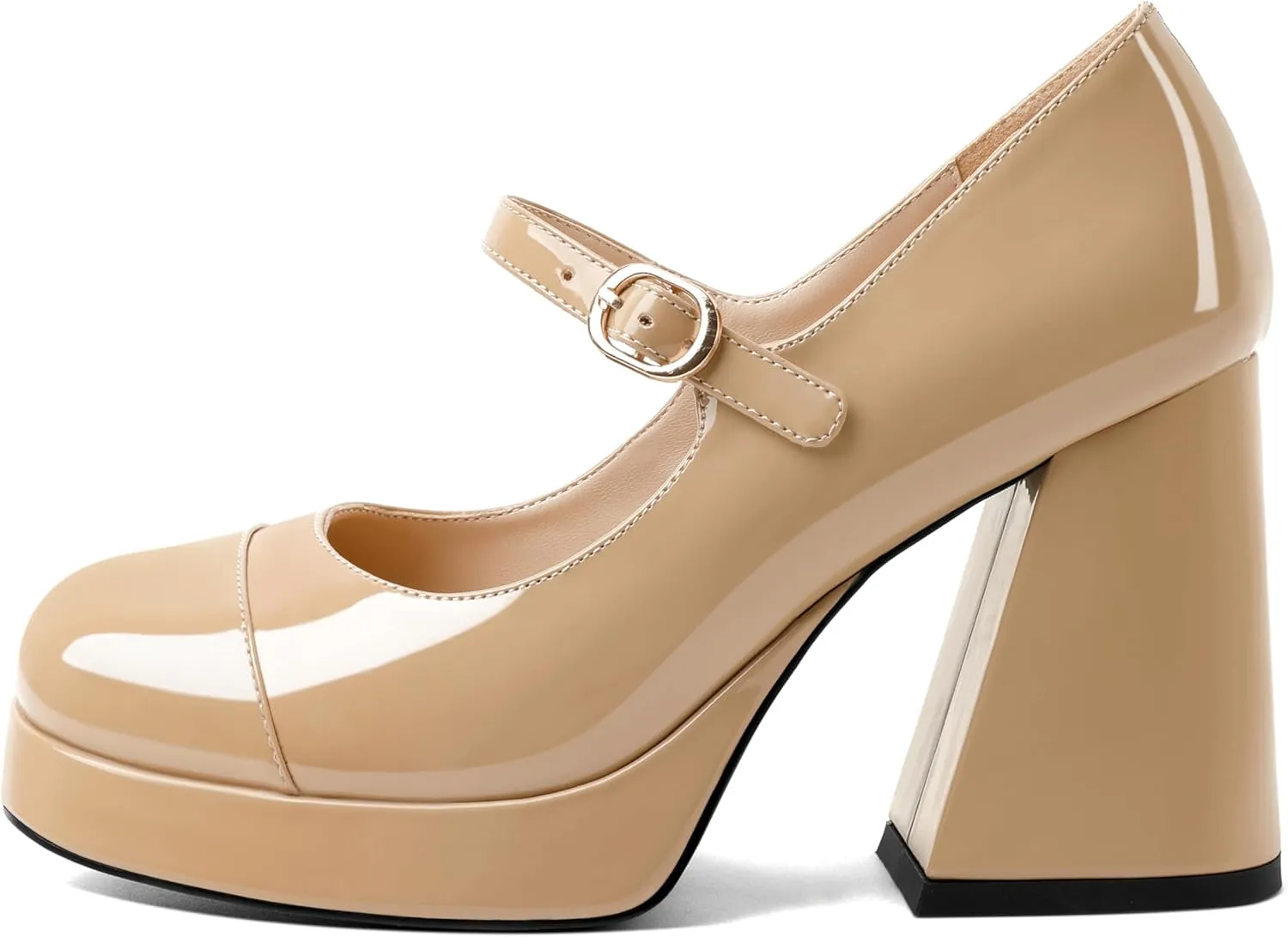 Soireelady Womens Chunky Platform Heels, Mary Jane Shoes Block Heel Pumps, High Heel Square Closed Toe Heels Ankle Strap Dress Shoes Comfort Fashion 4 Inches