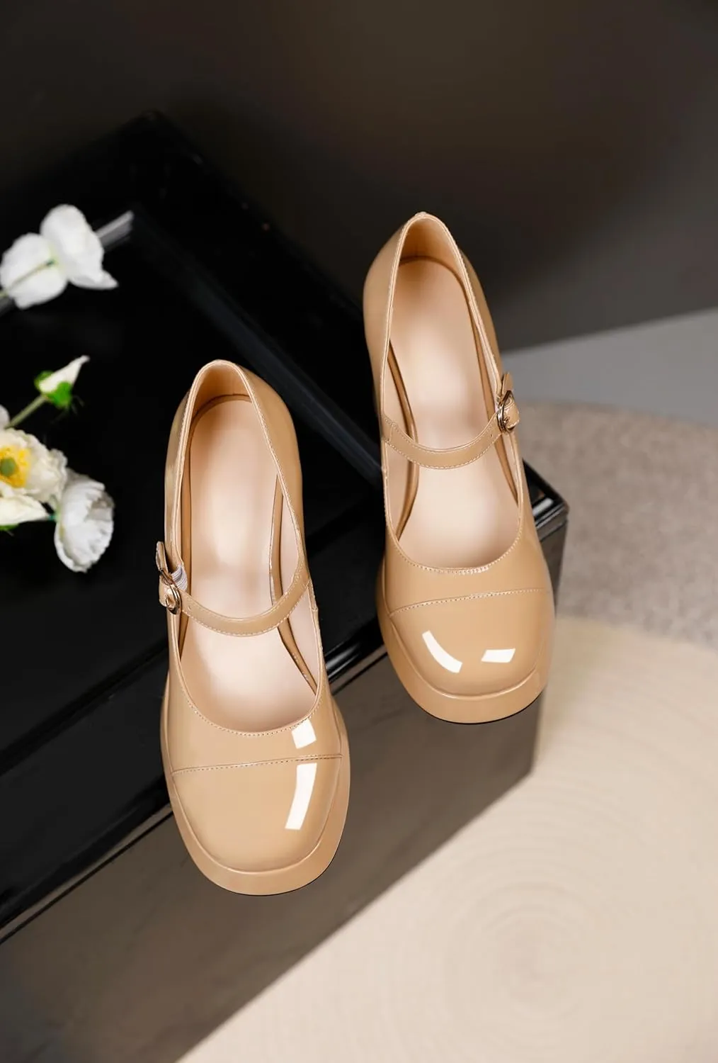 Soireelady Womens Chunky Platform Heels, Mary Jane Shoes Block Heel Pumps, High Heel Square Closed Toe Heels Ankle Strap Dress Shoes Comfort Fashion 4 Inches