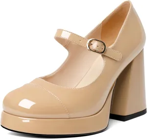 Soireelady Womens Chunky Platform Heels, Mary Jane Shoes Block Heel Pumps, High Heel Square Closed Toe Heels Ankle Strap Dress Shoes Comfort Fashion 4 Inches