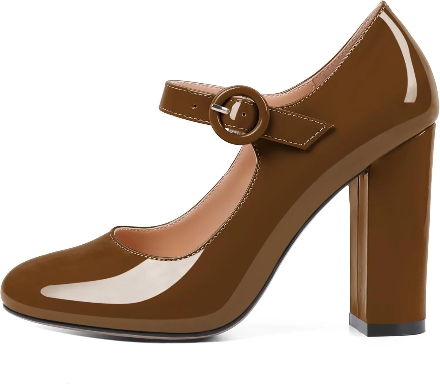 Soireelady Womens Mary Jane Shoes, Chunky Block Heel Pumps, High Heel Round Closed Toe Heels Ankle Strap Dress Shoes Comfort Fashion Patent 4 Inch