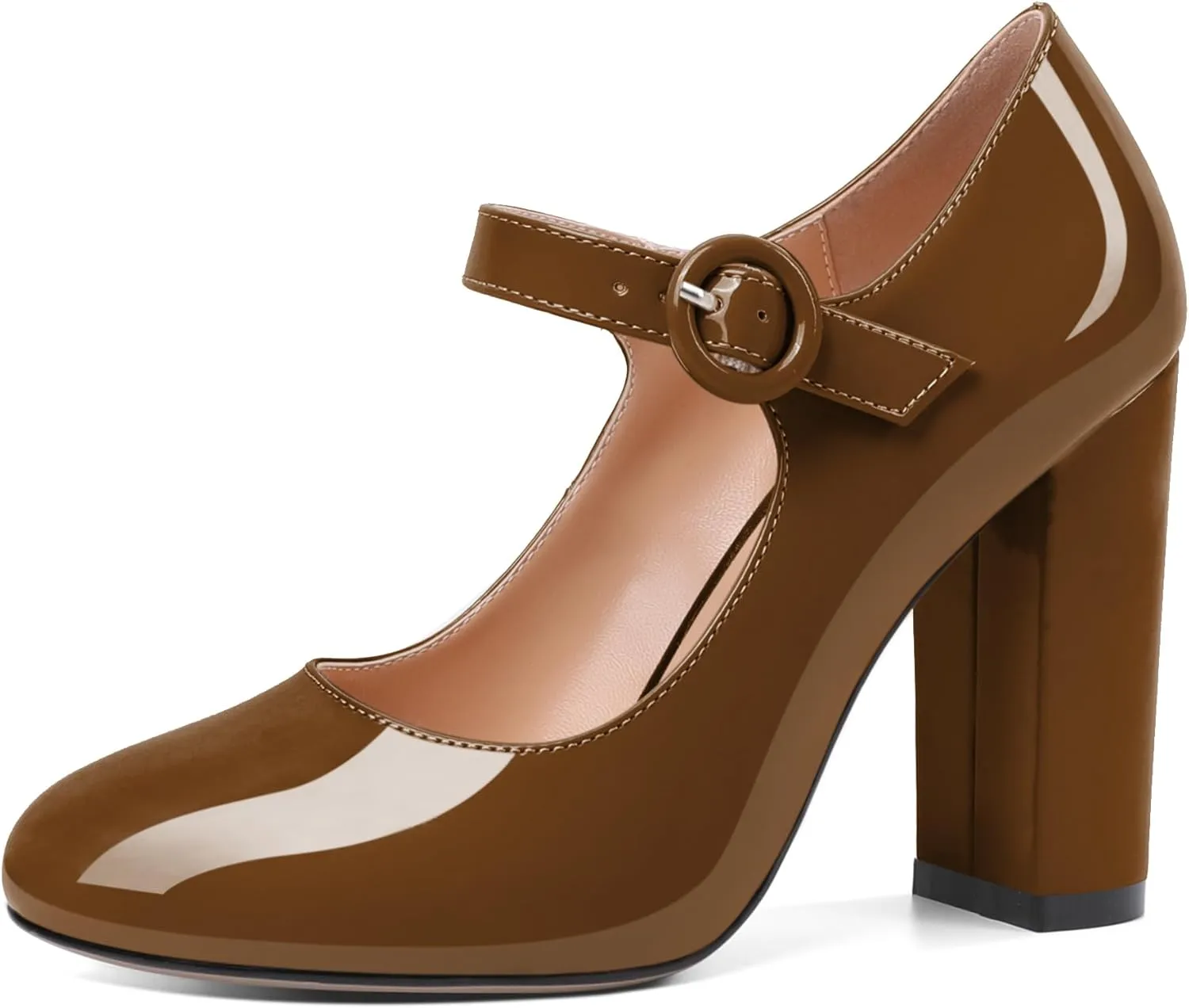 Soireelady Womens Mary Jane Shoes, Chunky Block Heel Pumps, High Heel Round Closed Toe Heels Ankle Strap Dress Shoes Comfort Fashion Patent 4 Inch