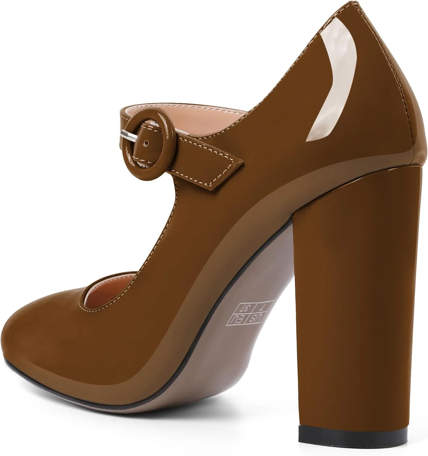 Soireelady Womens Mary Jane Shoes, Chunky Block Heel Pumps, High Heel Round Closed Toe Heels Ankle Strap Dress Shoes Comfort Fashion Patent 4 Inch