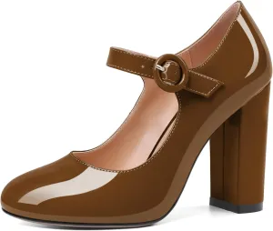 Soireelady Womens Mary Jane Shoes, Chunky Block Heel Pumps, High Heel Round Closed Toe Heels Ankle Strap Dress Shoes Comfort Fashion Patent 4 Inch