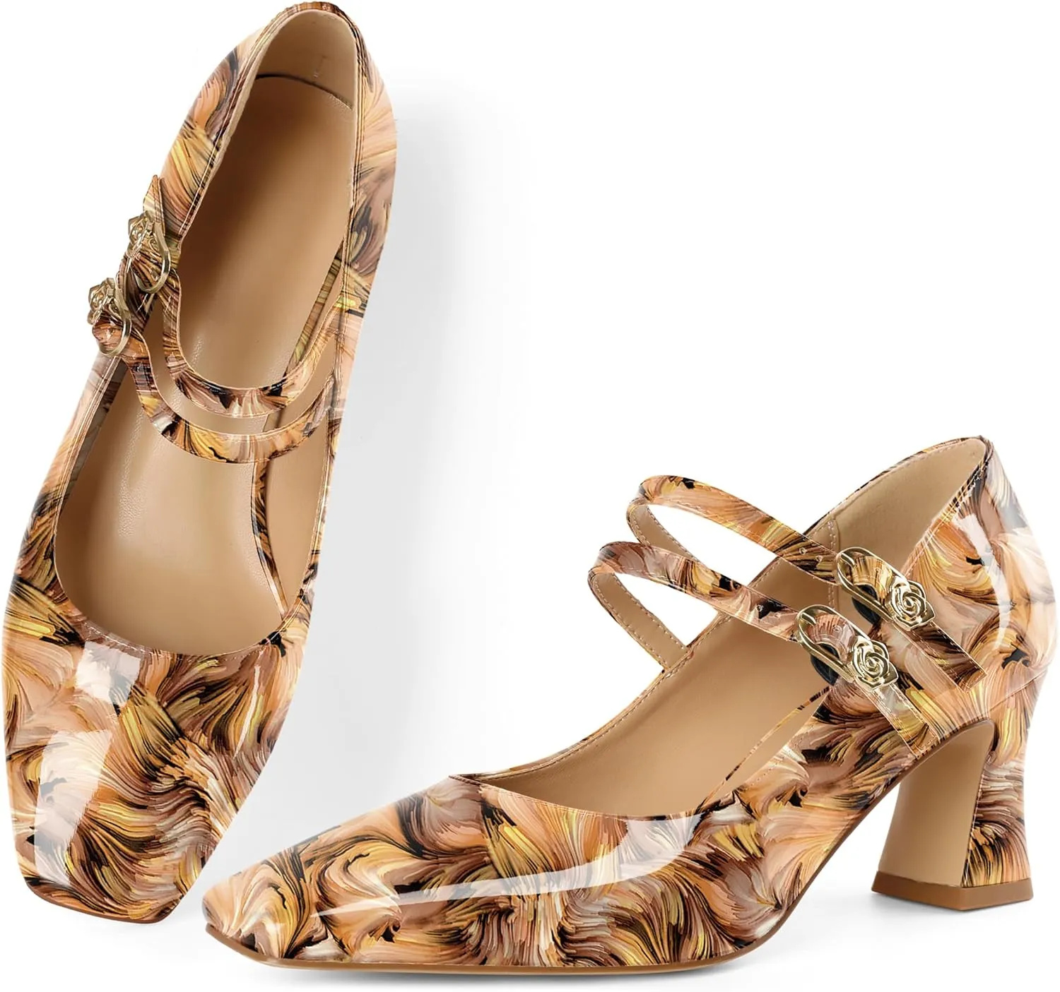 Soireelady Womens Mary Jane Shoes Chunky Block Heel Pumps Square Toe Low Heels Double Strap Buckle Comfort Dress Shoes 2.5 Inches