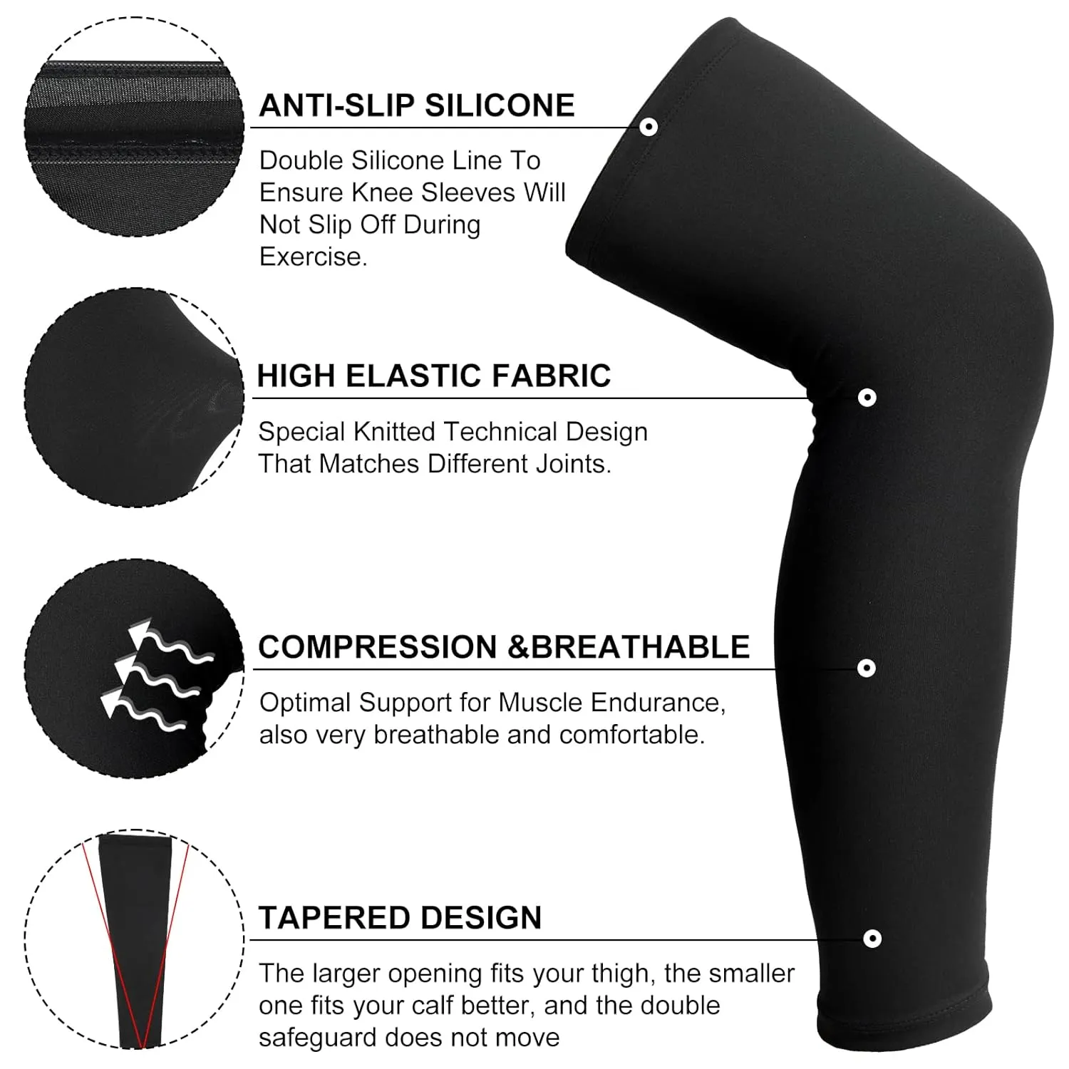 Sosation 8 Pcs Knee Brace Undersleeve Knee Sleeve for Under Brace Closed Patella Compression Breathable Leg Sleeves for Men Women Thigh Shin Support for Sports Protector(Large)