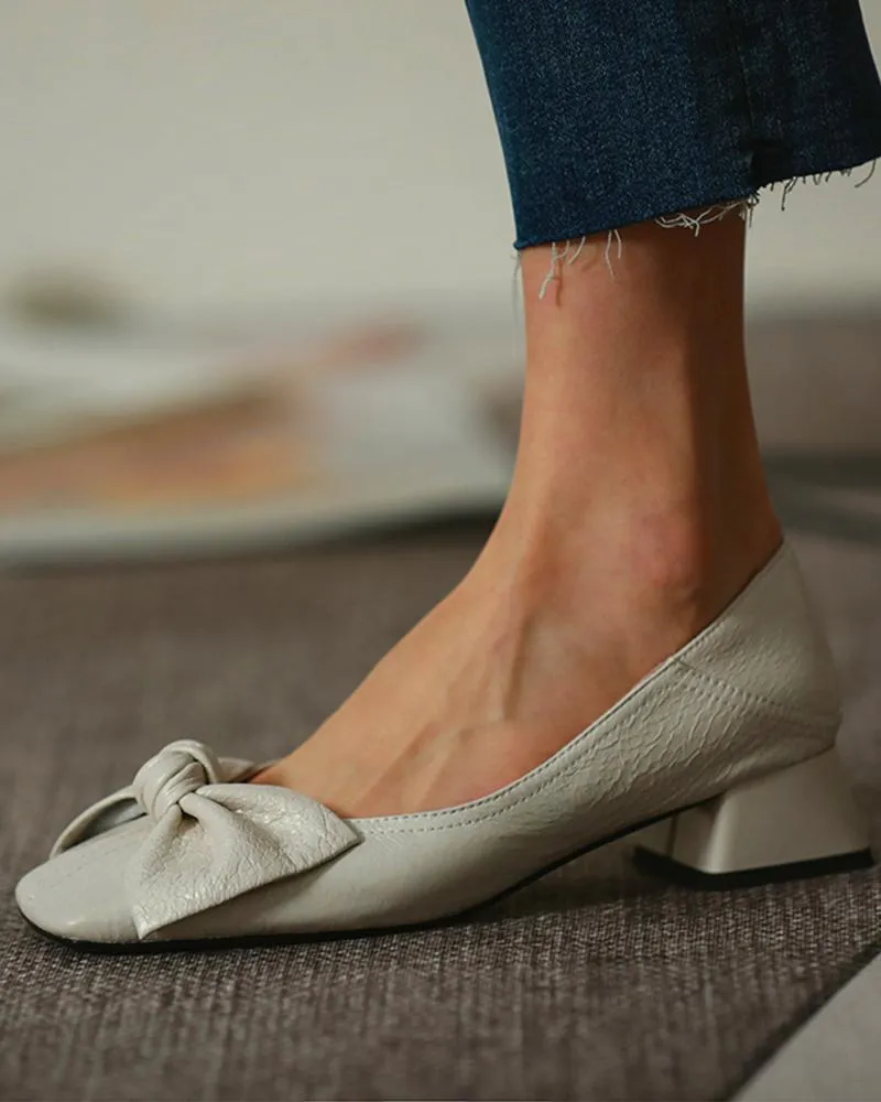 Square Toe Bowknot Front Chunky Heels