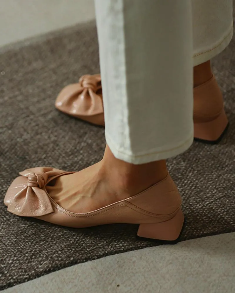 Square Toe Bowknot Front Chunky Heels