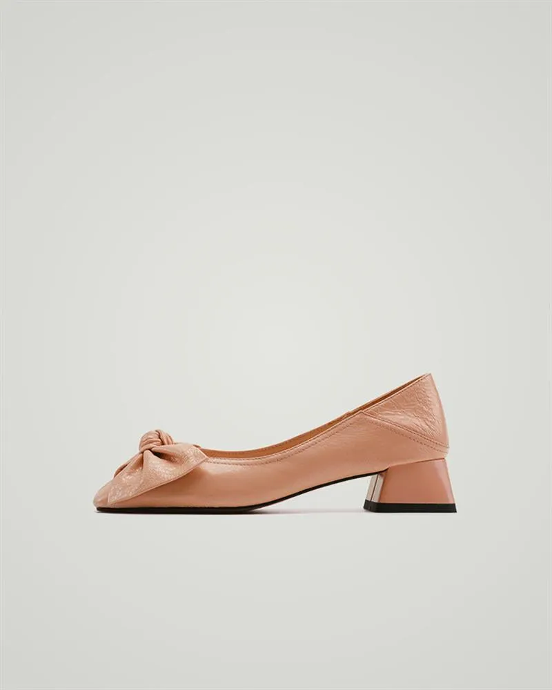 Square Toe Bowknot Front Chunky Heels