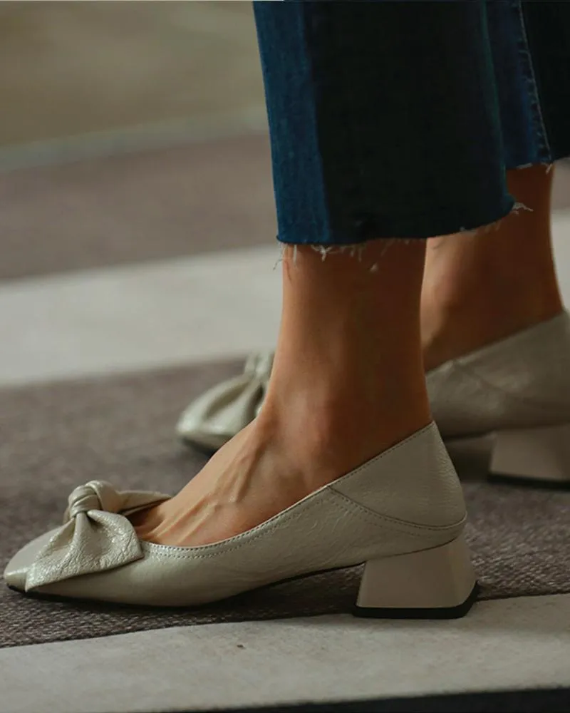 Square Toe Bowknot Front Chunky Heels