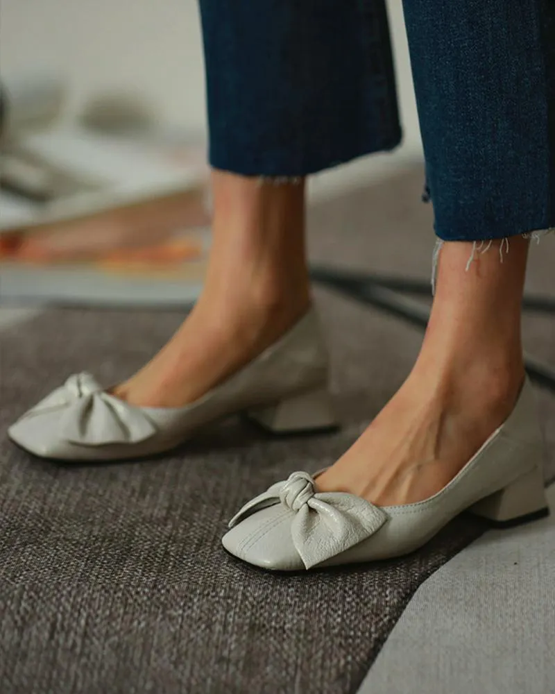 Square Toe Bowknot Front Chunky Heels