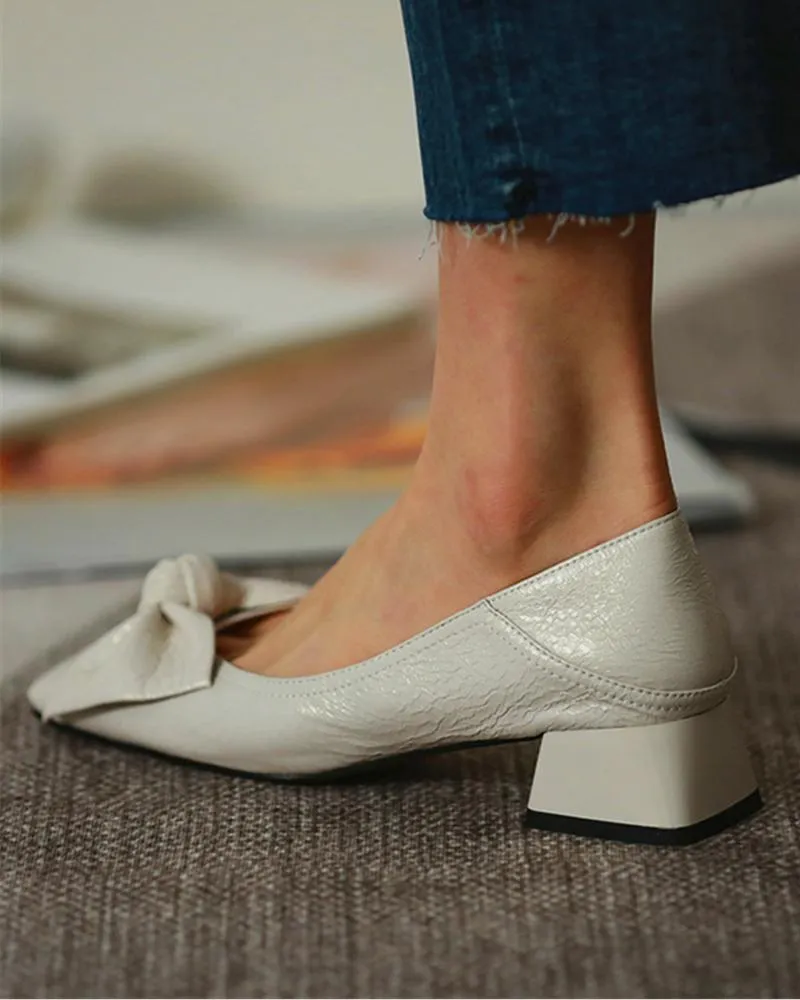 Square Toe Bowknot Front Chunky Heels