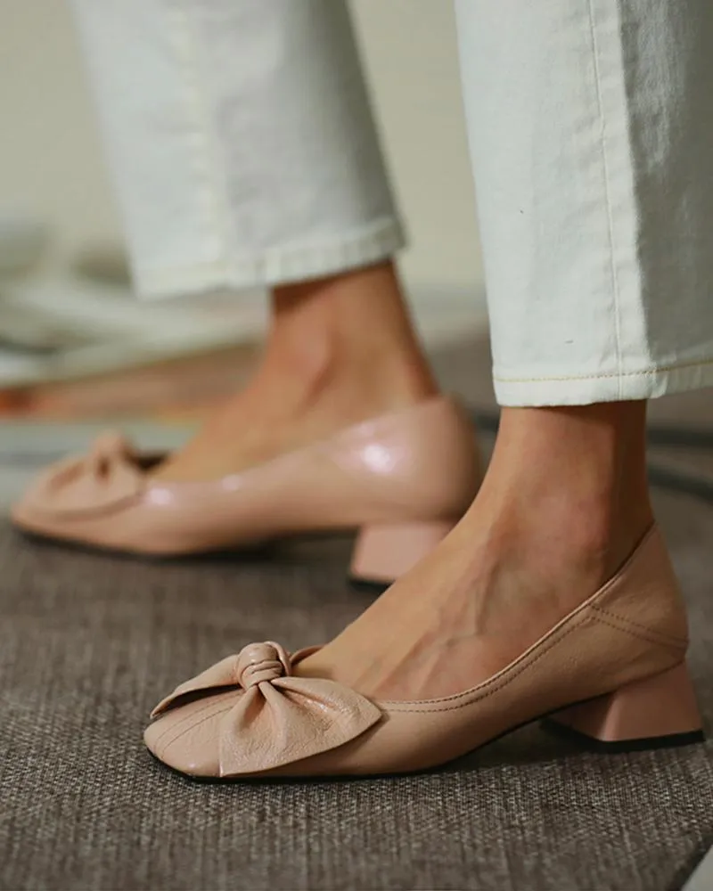 Square Toe Bowknot Front Chunky Heels
