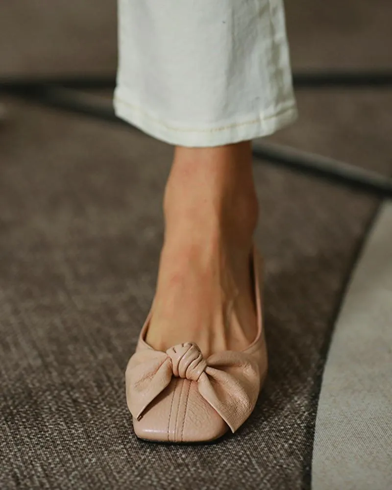Square Toe Bowknot Front Chunky Heels