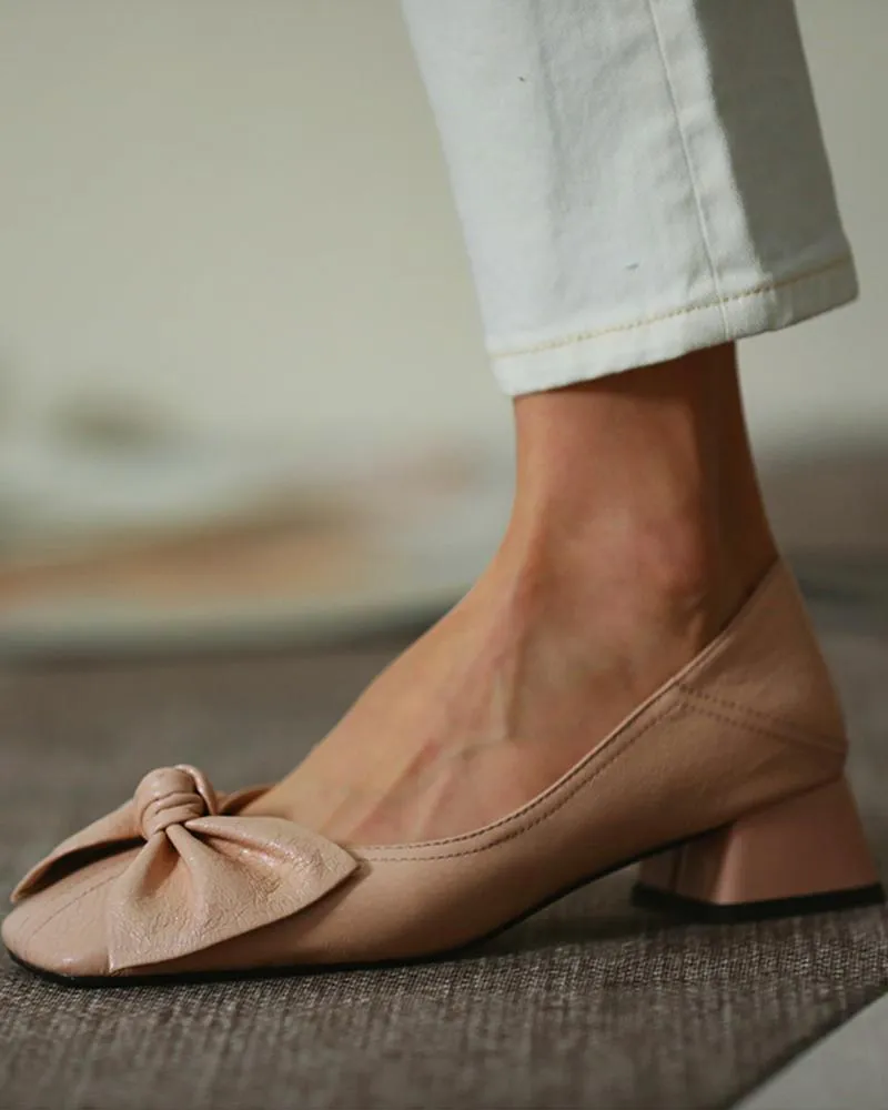 Square Toe Bowknot Front Chunky Heels
