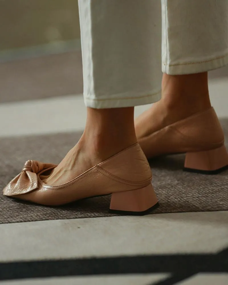 Square Toe Bowknot Front Chunky Heels