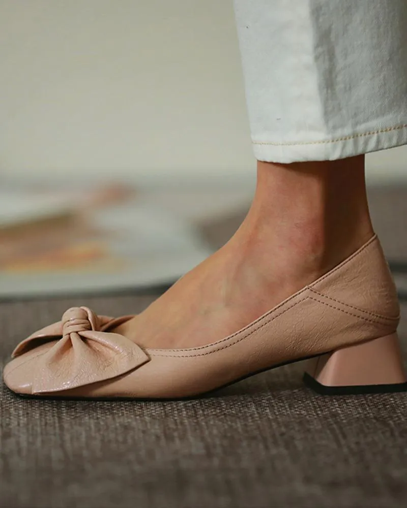 Square Toe Bowknot Front Chunky Heels