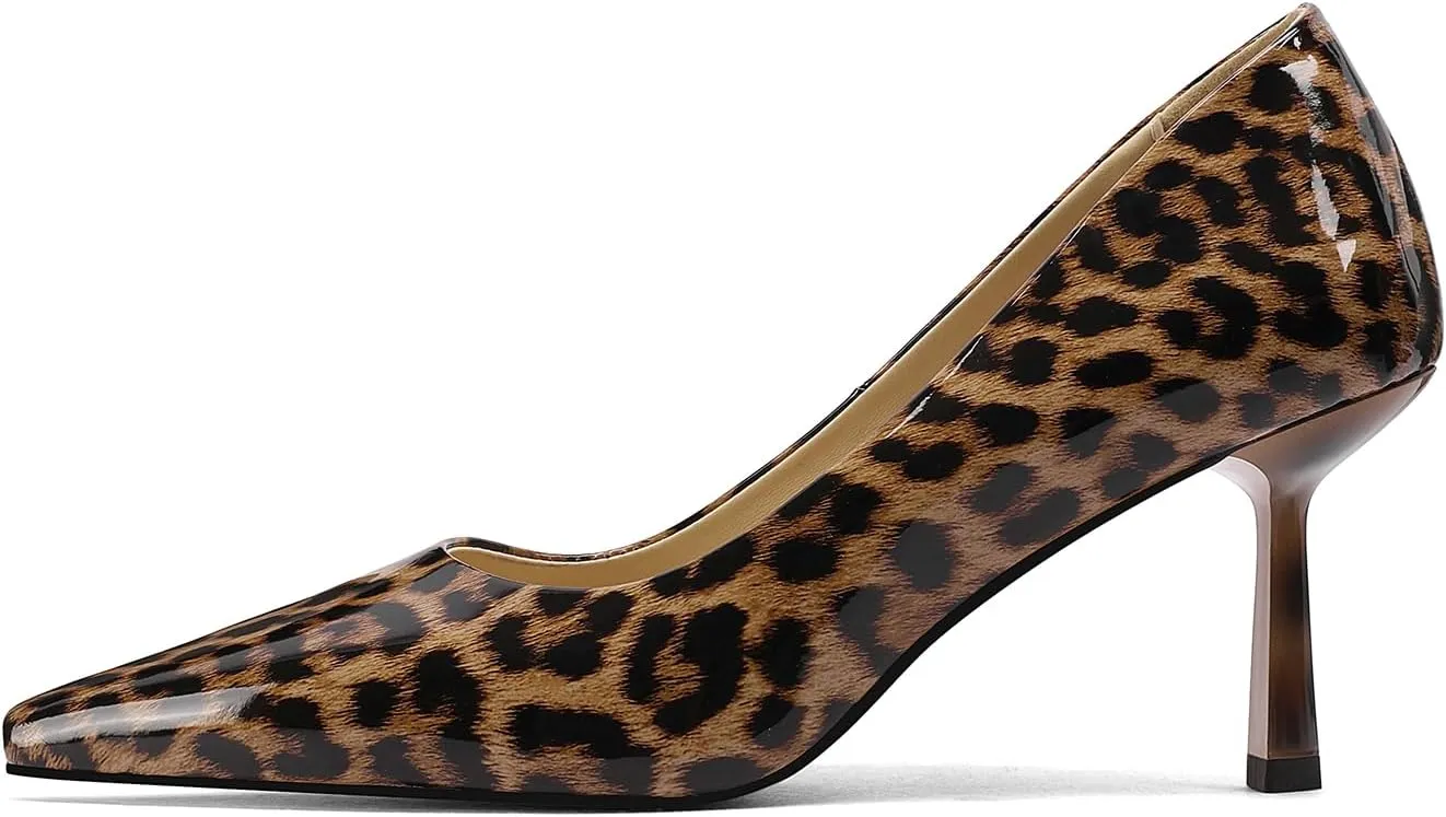 Square Toe Stiletto Heel Patent Leather Leopard Print Pumps for Women Slip On Comfortable Horseshoe Heels