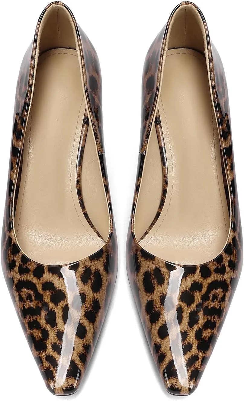 Square Toe Stiletto Heel Patent Leather Leopard Print Pumps for Women Slip On Comfortable Horseshoe Heels