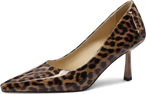 Square Toe Stiletto Heel Patent Leather Leopard Print Pumps for Women Slip On Comfortable Horseshoe Heels