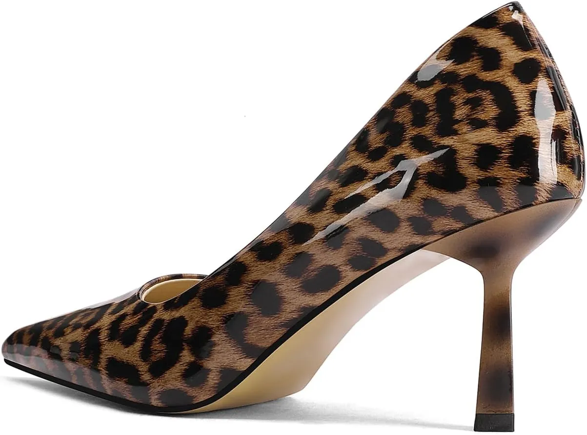 Square Toe Stiletto Heel Patent Leather Leopard Print Pumps for Women Slip On Comfortable Horseshoe Heels