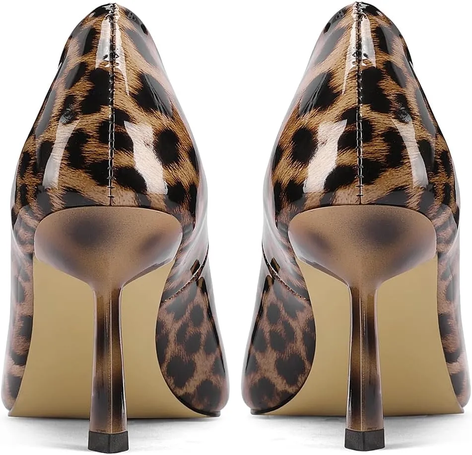 Square Toe Stiletto Heel Patent Leather Leopard Print Pumps for Women Slip On Comfortable Horseshoe Heels