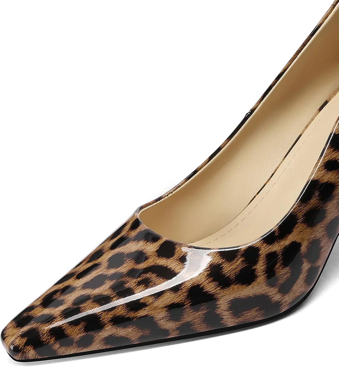 Square Toe Stiletto Heel Patent Leather Leopard Print Pumps for Women Slip On Comfortable Horseshoe Heels