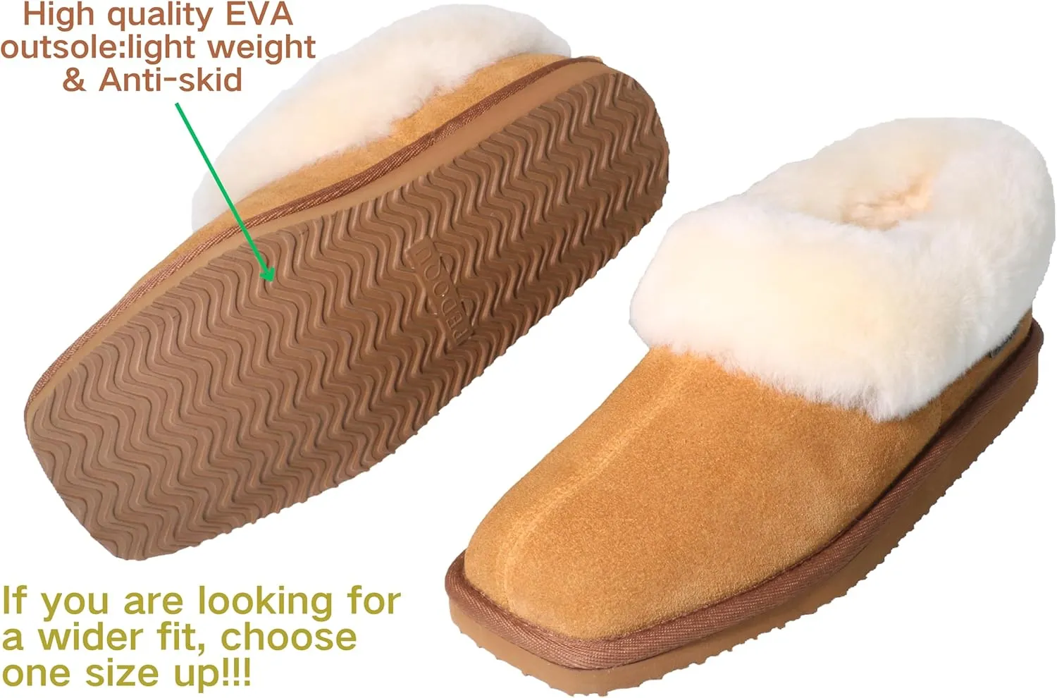 Square Toe Womes Leather Shearling Ankle Bootie EVA Soles Comfortable & Light-Weight Indoor Outdoor House Slipper