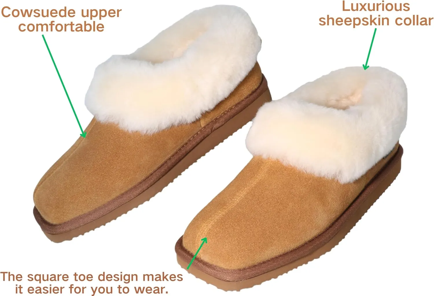 Square Toe Womes Leather Shearling Ankle Bootie EVA Soles Comfortable & Light-Weight Indoor Outdoor House Slipper