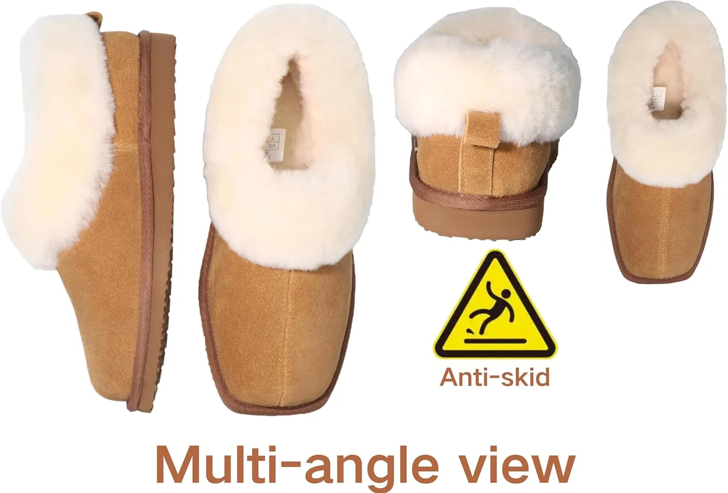 Square Toe Womes Leather Shearling Ankle Bootie EVA Soles Comfortable & Light-Weight Indoor Outdoor House Slipper