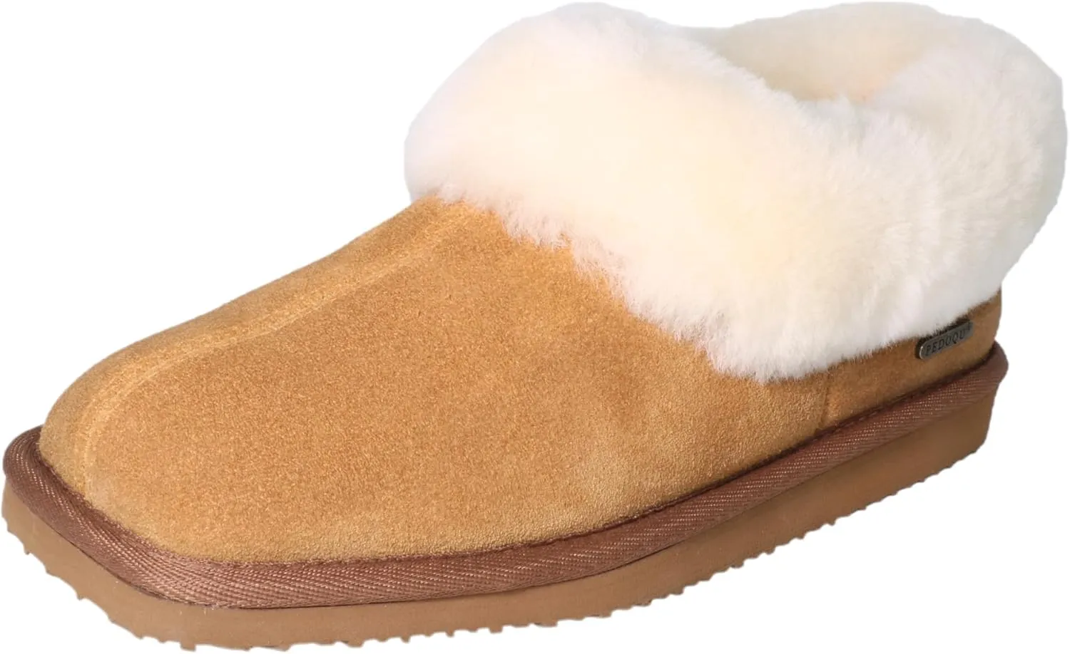 Square Toe Womes Leather Shearling Ankle Bootie EVA Soles Comfortable & Light-Weight Indoor Outdoor House Slipper