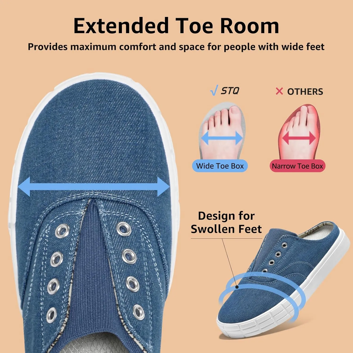 STQ Slip On Orthopedic Wide Shoes丨Lightweight Women Backless Casual Plantar Fasciitis Relief Mule Sneakers