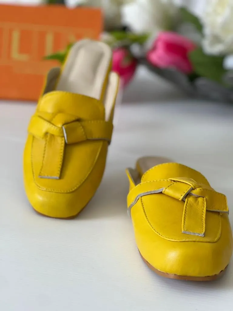 Stylish and Unique Pure Leather Mule Flat in Yellow