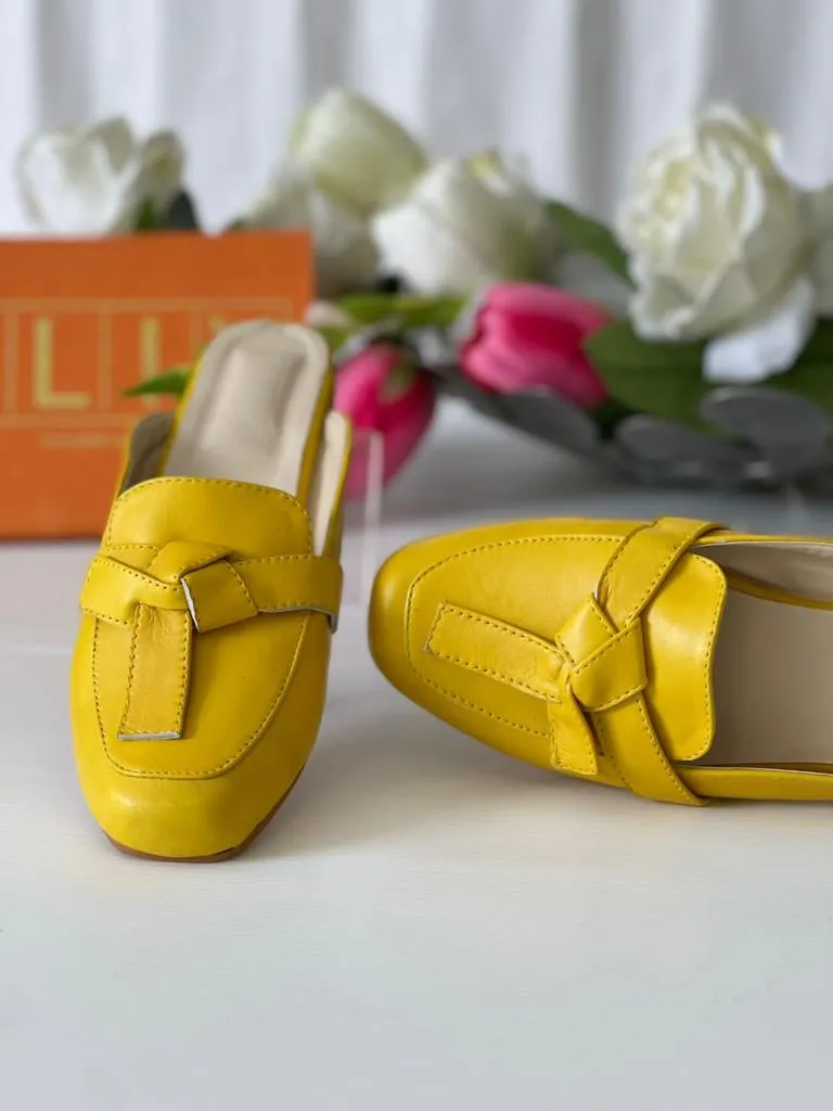 Stylish and Unique Pure Leather Mule Flat in Yellow