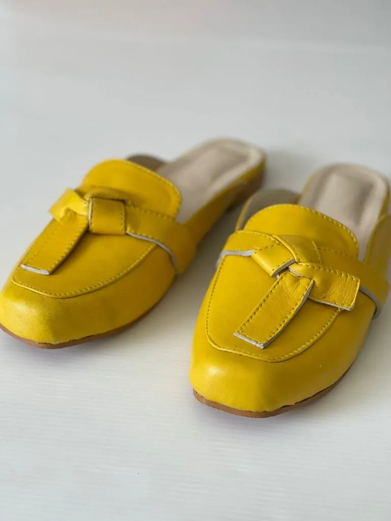 Stylish and Unique Pure Leather Mule Flat in Yellow