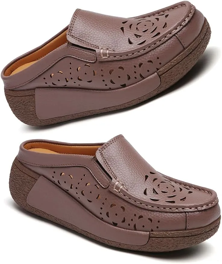 Succttssful Women's Closed Toe Mules Sandals for Walking: Backless Flats Loafers for Office - Casual Leather Mules for Girls