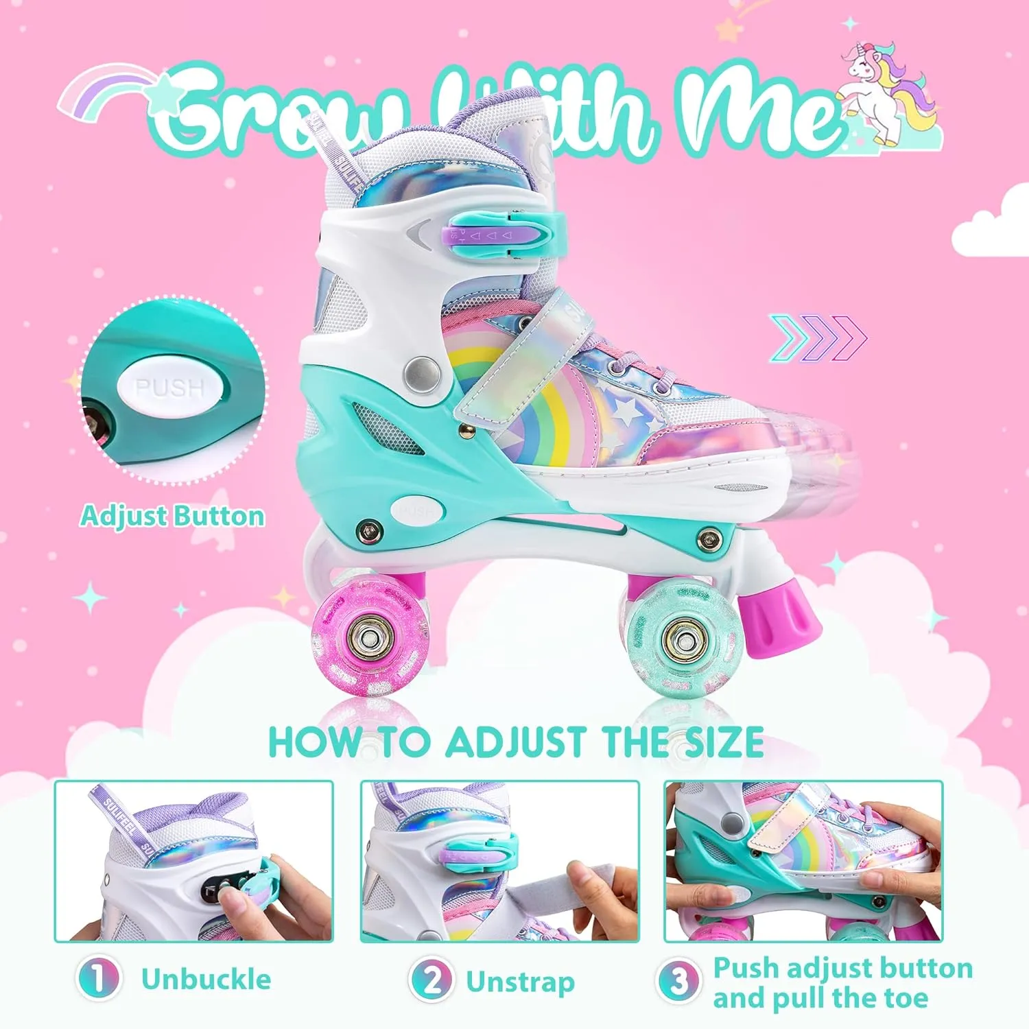 SULIFEEL Rainbow Unicorn 4 Size Adjustable Light up Roller Skates for Girls Boys for Kids