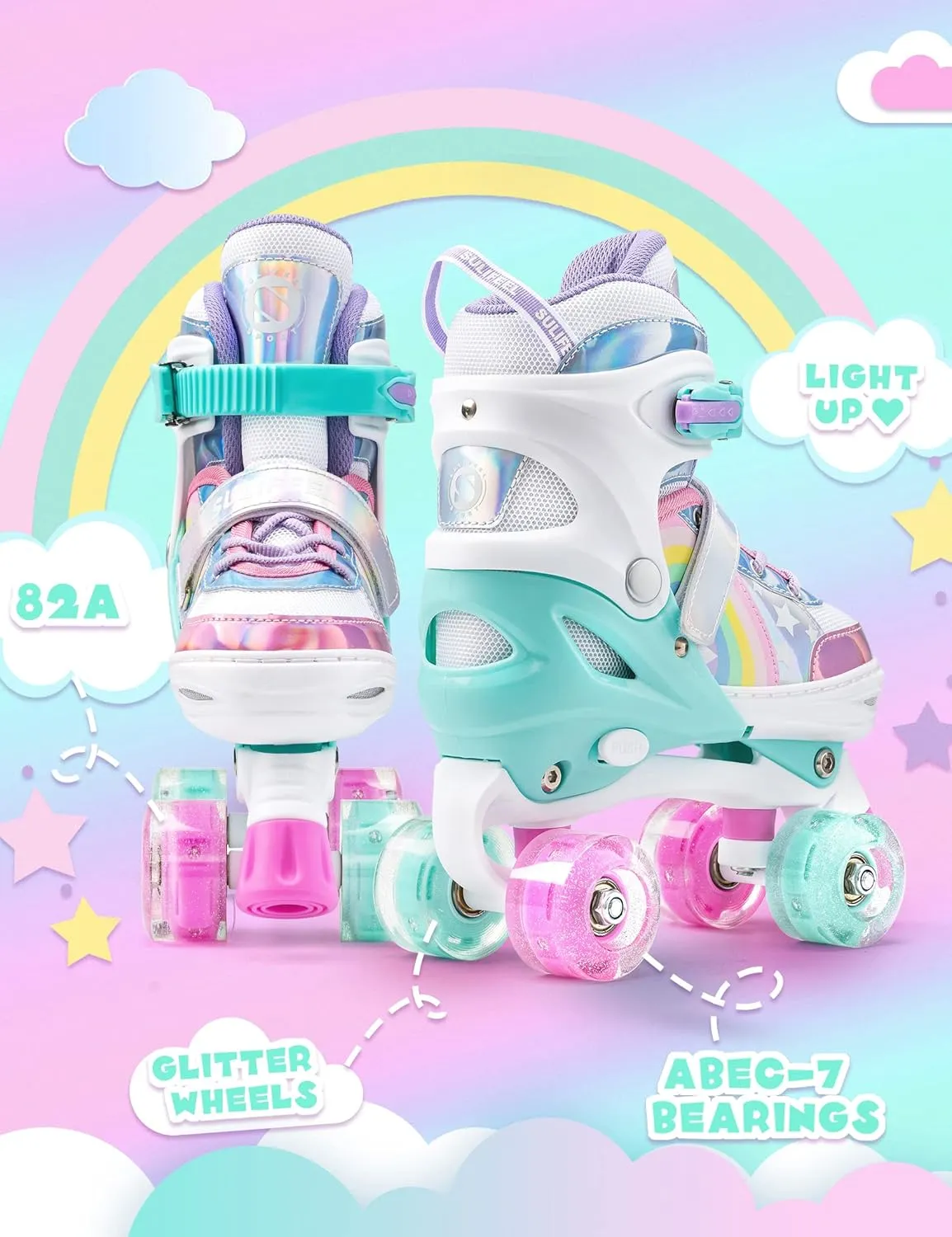 SULIFEEL Rainbow Unicorn 4 Size Adjustable Light up Roller Skates for Girls Boys for Kids