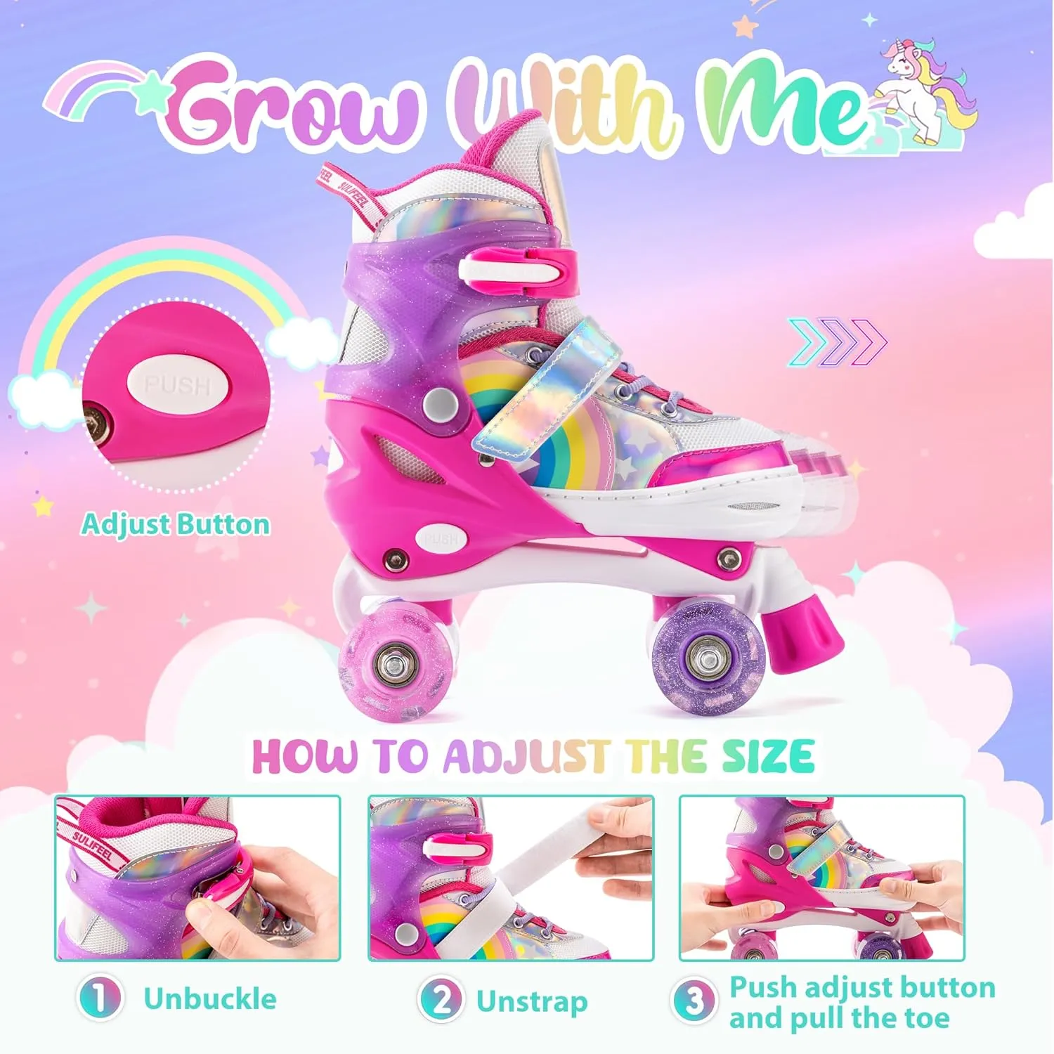 SULIFEEL Rainbow Unicorn 4 Size Adjustable Light up Roller Skates for Girls Boys for Kids