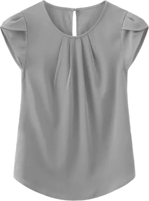 TASAMO Women's Casual Round Neck Basic Pleated Top Cap Sleeve Curved Keyhole Back Chiffon Blouse