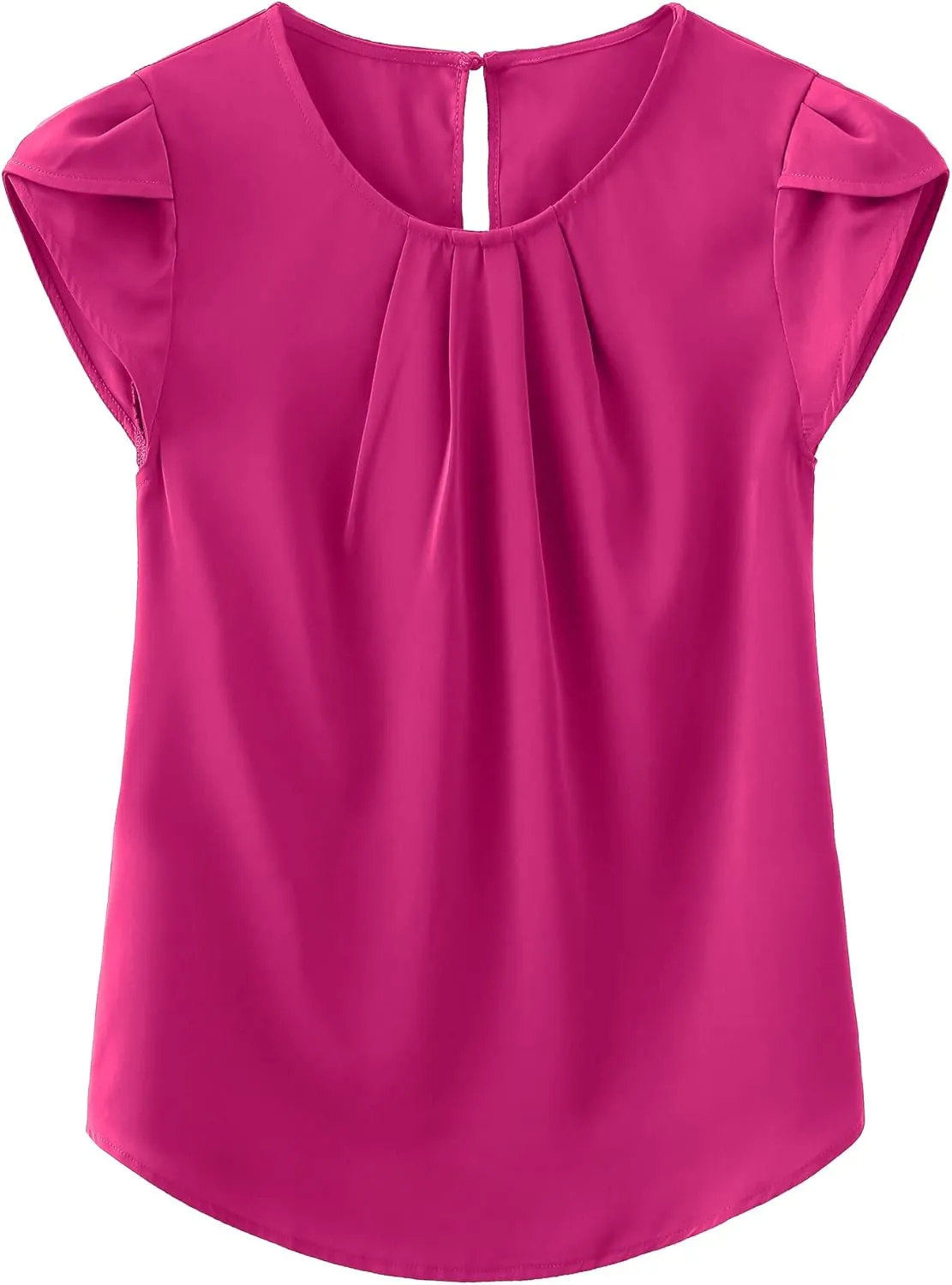 TASAMO Women's Casual Round Neck Basic Pleated Top Cap Sleeve Curved Keyhole Back Chiffon Blouse
