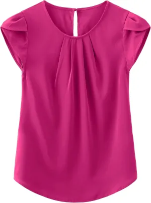 TASAMO Women's Casual Round Neck Basic Pleated Top Cap Sleeve Curved Keyhole Back Chiffon Blouse