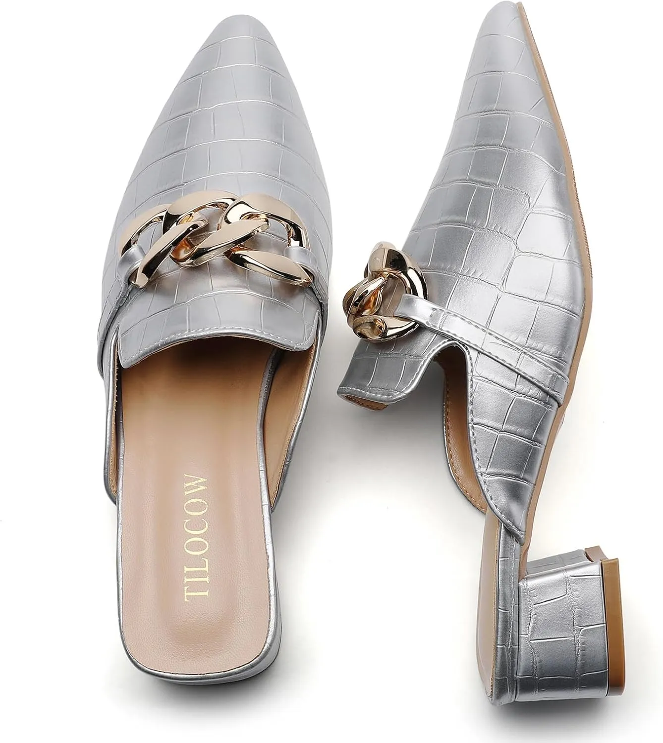 Tilocow Metal Chain Decor Mules Heels for Women Chunky Heeled Sandals Slip on Closed Toe Slides for Women Backless Mules