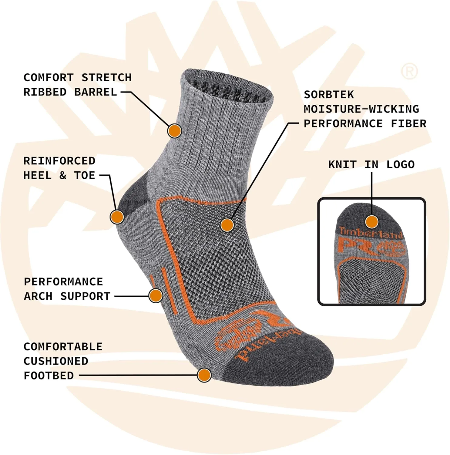 Timberland PRO Moisture Wicking Technology Mens Socks, Arch Support, Cushioned Footbed, Mesh Venting