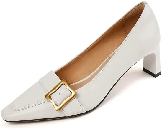 TinaCus Genuine Leather Women's Pointed Toe Handmade Buckle Block Mid Heels Chic Pumps Shoes