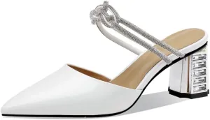 TinaCus Pointed Toe Patent Leather Handmade Rhinestones Knot Chunky Heels Women's Chic Slippers