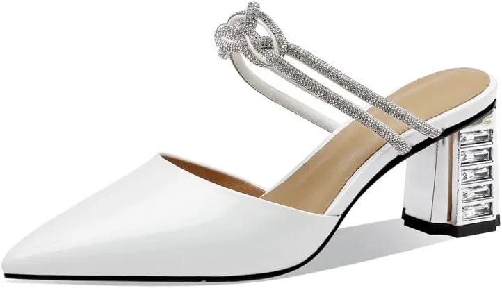 TinaCus Pointed Toe Patent Leather Handmade Rhinestones Knot Chunky Heels Women's Chic Slippers