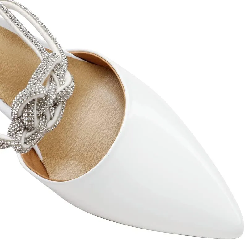 TinaCus Pointed Toe Patent Leather Handmade Rhinestones Knot Chunky Heels Women's Chic Slippers