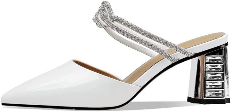 TinaCus Pointed Toe Patent Leather Handmade Rhinestones Knot Chunky Heels Women's Chic Slippers